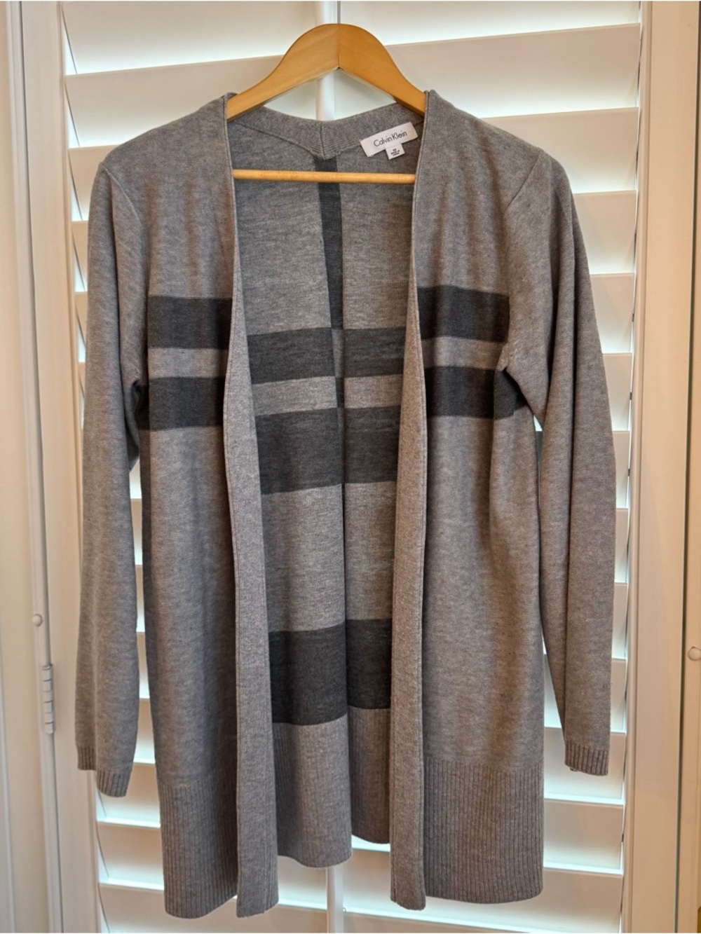 Calvin Klein Gray Open-Front Color Block Stripe Loghtweight Spring Cardigan